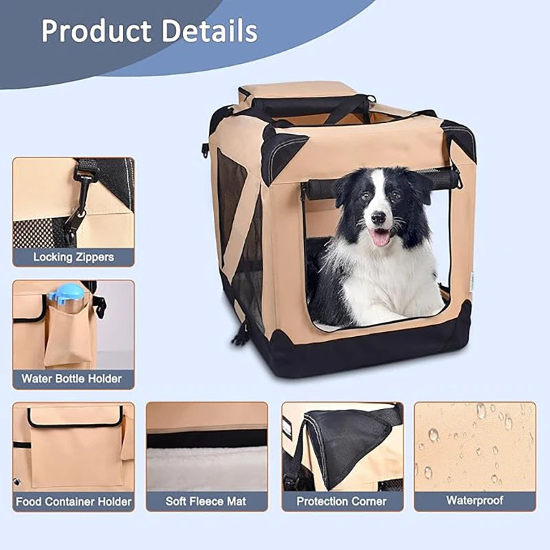 Soft Dog Crates Kennel for Pets 3 Door Soft Sided Folding Travel Pet Car Carrier with Straps and Mat for Dogs, Cats, Rabbits