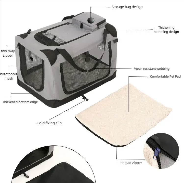 Soft Dog Crates Kennel for Pets 3 Door Soft Sided Folding Travel Pet Car Carrier with Straps and Mat for Dogs, Cats, Rabbits