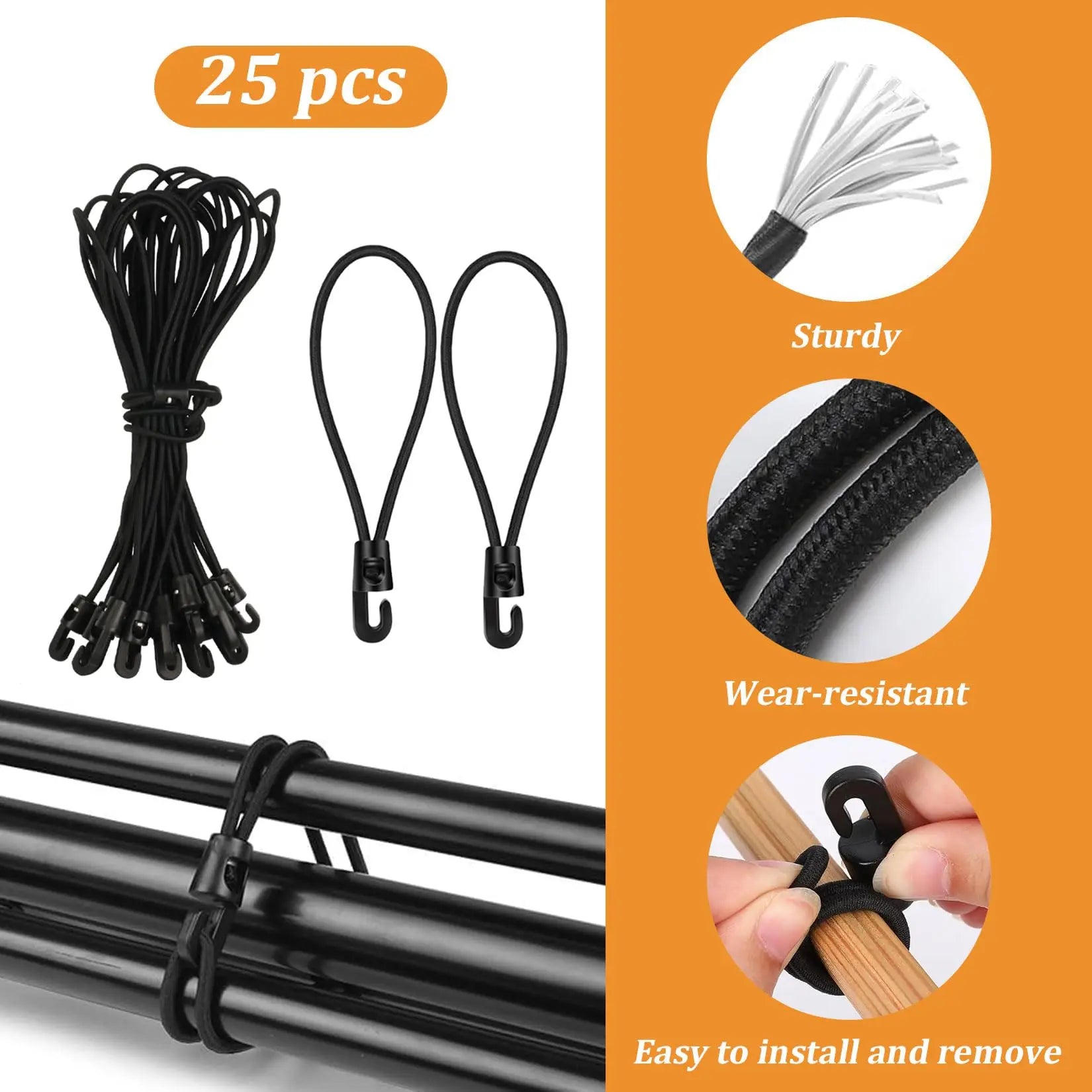 25pk 25cm Elastic Straps w/ Hooks - Bungee Cords
